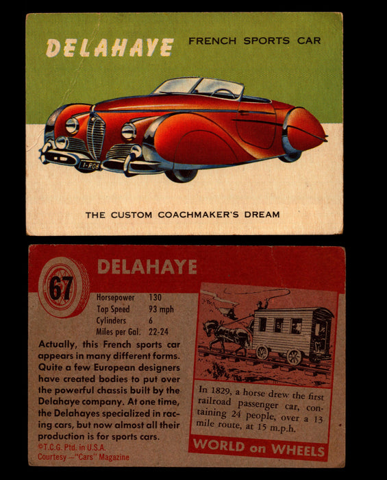 World on Wheels Topps 1954 Vintage Trading Cards #1-#100 You Pick Singles #67 Delahaye French Sports Car  - TvMovieCards.com
