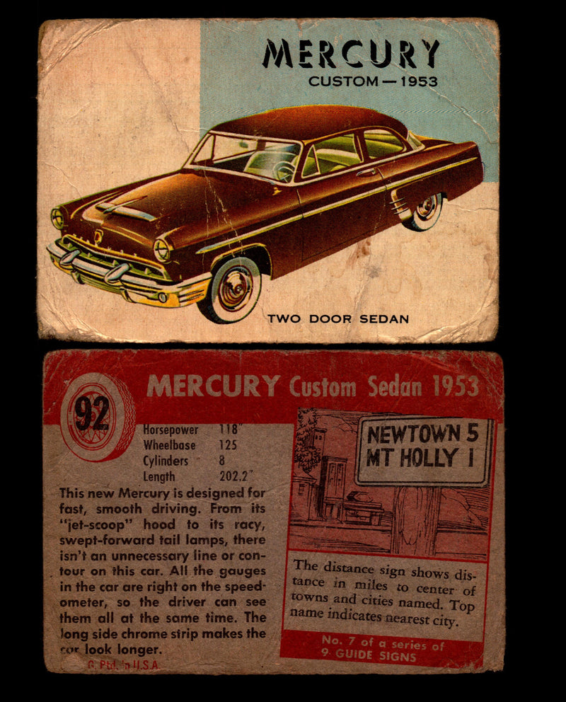 World on Wheels Topps 1954 Vintage Trading Cards #1-#100 You Pick Singles #92 1953 Mercury Custom Sedan  - TvMovieCards.com