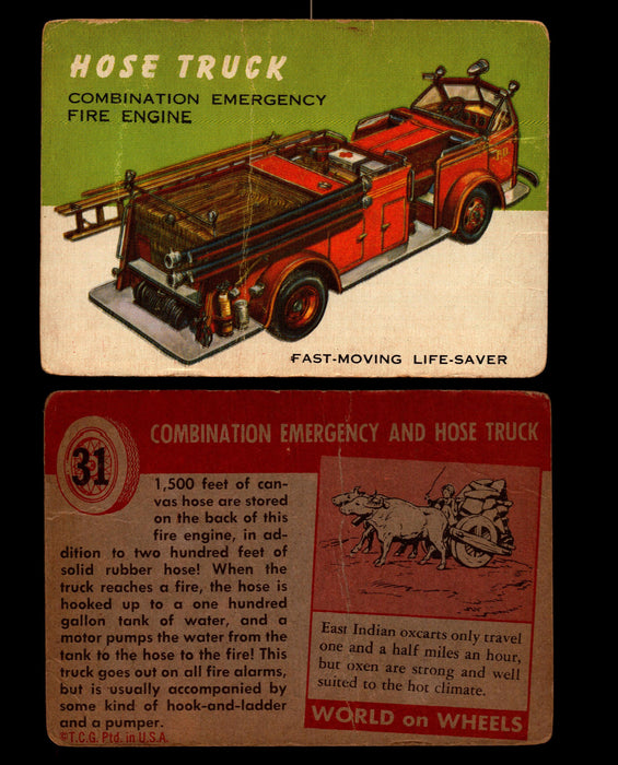 World on Wheels Topps 1954 Vintage Trading Cards #1-#100 You Pick Singles #31 Hose Truck Combination Emergency Fire Engine  - TvMovieCards.com