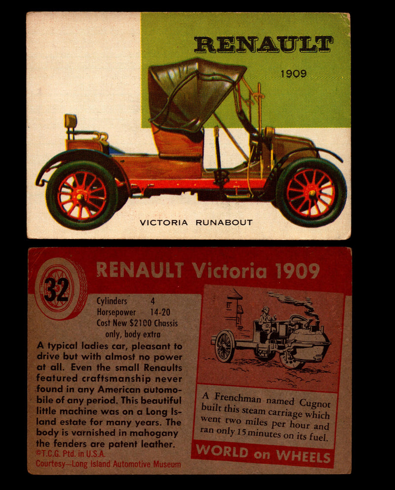World on Wheels Topps 1954 Vintage Trading Cards #1-#100 You Pick Singles #32 1909 Renault Victoria Runabout  - TvMovieCards.com
