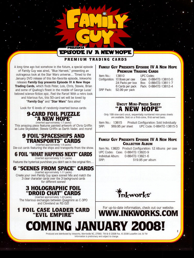 Family Guy Episode IV A New Hope Trading Card Dealer Sell Sheet Promotional Sale   - TvMovieCards.com