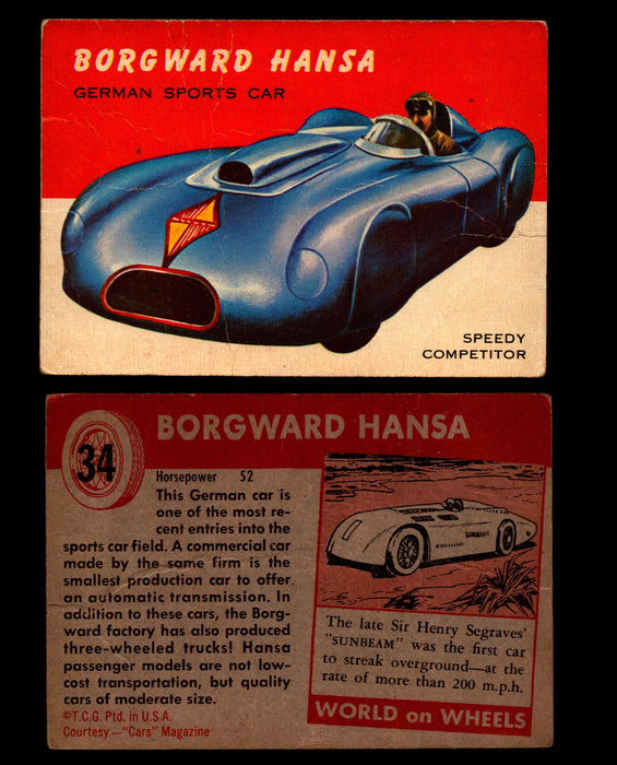 World on Wheels Topps 1954 Vintage Trading Cards #1-#100 You Pick Singles #34 Borgward Hansa German Sports Car  - TvMovieCards.com