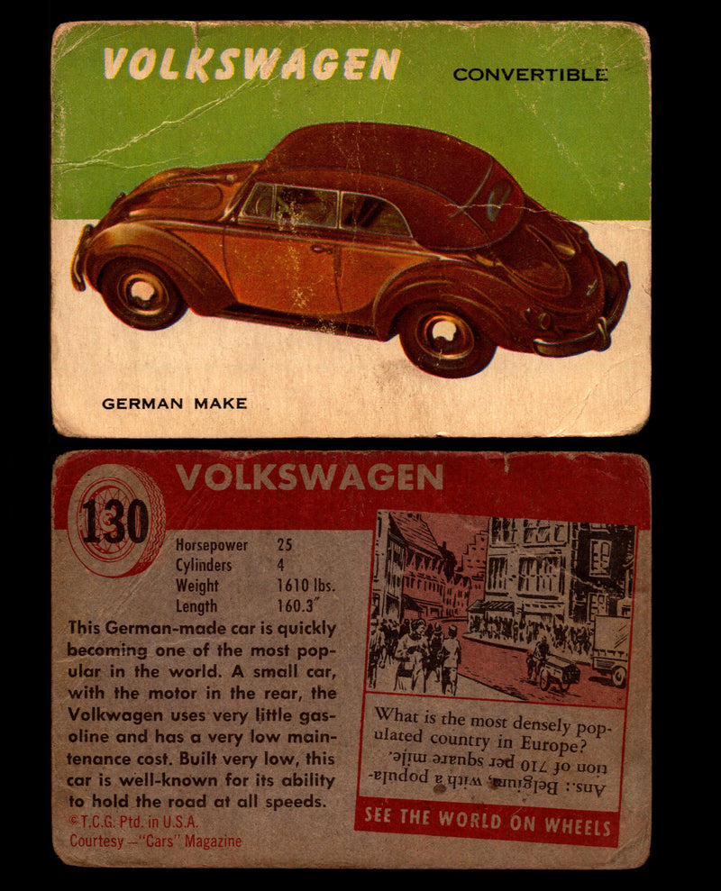 World on Wheels Topps 1954 Vintage Trading Cards #101-#160 You Pick Singles #130 Volkswagen Beetle Convertible  - TvMovieCards.com