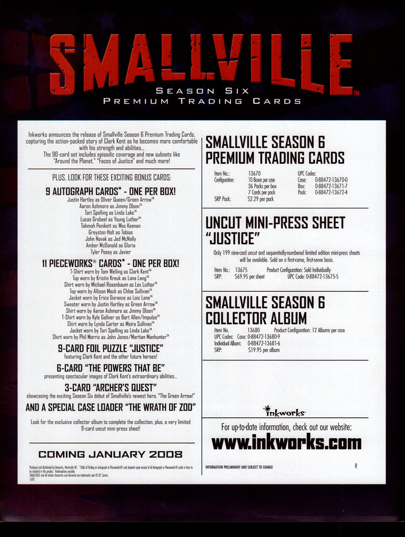 Smallville Season 6 Six Trading Card Dealer Sell Sheet Promotional Sale 2008   - TvMovieCards.com