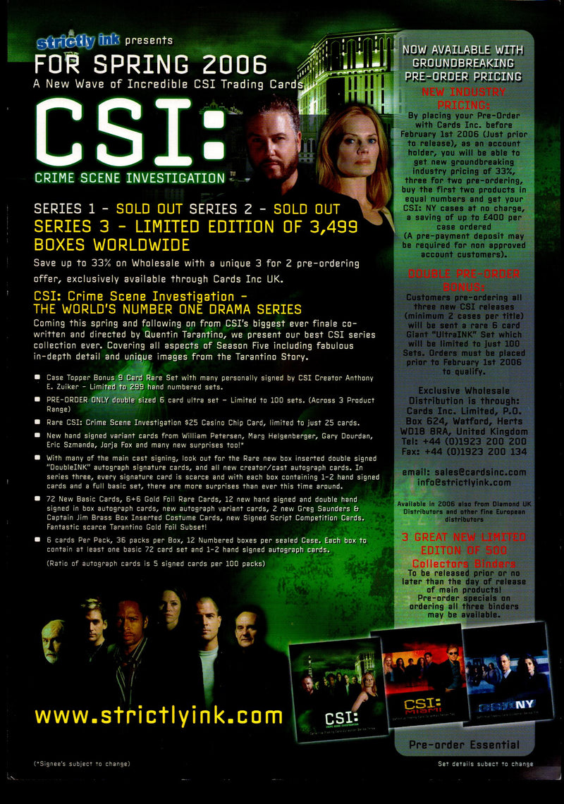 CSI Miami / NY Trading Card Dealer Sell Sheet Sale Ad Strickly Ink 2006   - TvMovieCards.com