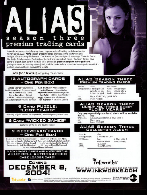 Alias Season 3 Three Trading Card Dealer Sell Sheet Promo Sale Jennifer Garner   - TvMovieCards.com