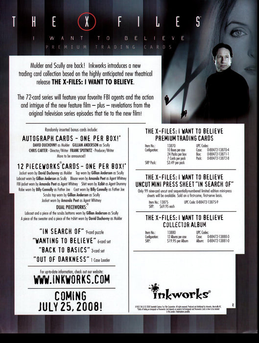 X-Files I Want to Believe Trading Card Dealer Sell Sheet Promotional Sale 2008   - TvMovieCards.com
