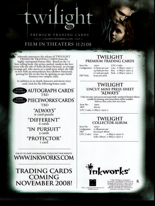 Twilight Trading Card Dealer Sell Sheet Sale Promo Ad Inkworks 2008   - TvMovieCards.com