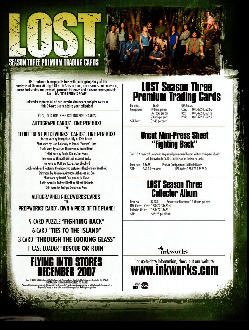 Lost Season 3 Three Trading Card Dealer Sell Sheet Sale Promo Ad 2007   - TvMovieCards.com