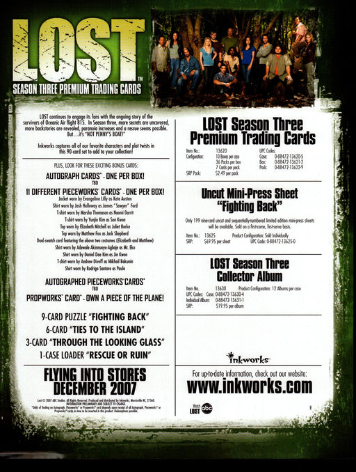 Lost Season 3 Three Trading Card Dealer Sell Sheet Sale Promo Ad 2007   - TvMovieCards.com
