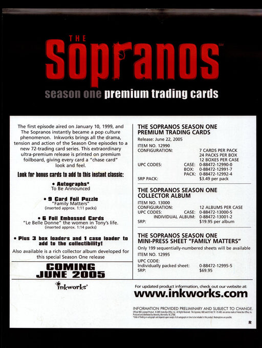 Sopranos Season 1 One Trading Card Dealer Sell Sheet Sale Promo Ad 2005   - TvMovieCards.com