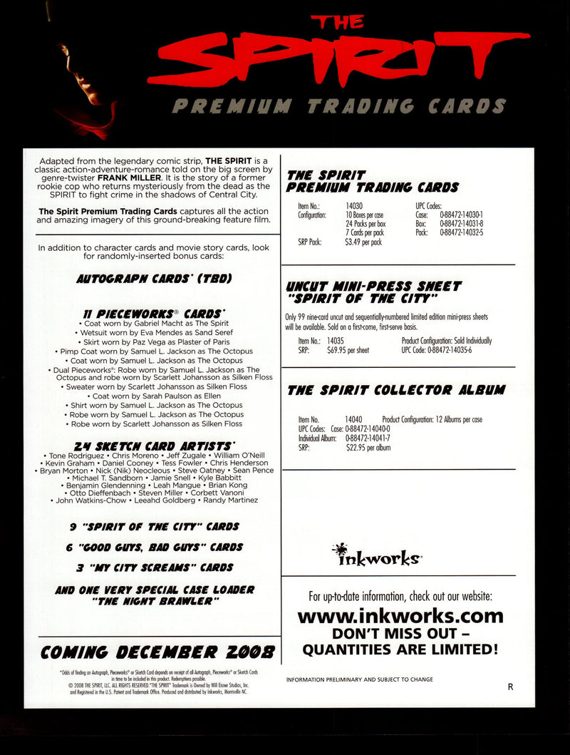 The Spirit Trading Card Dealer Sell Sheet Sale Promo Ad Inkworks 2008   - TvMovieCards.com