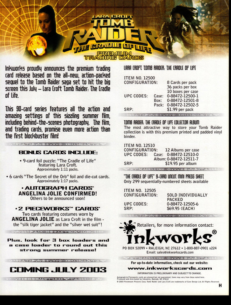 Tomb Raider Dealer Sell Sheet Sale Promo Ad Angelina Jolie Inkworks 2003   - TvMovieCards.com