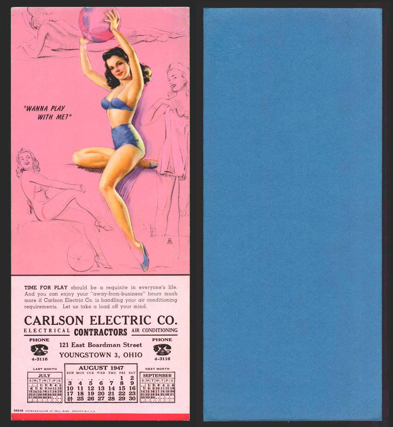Carlson Electric Co Ohio Pin Up Girl Advertising Calendar August 1947   - TvMovieCards.com