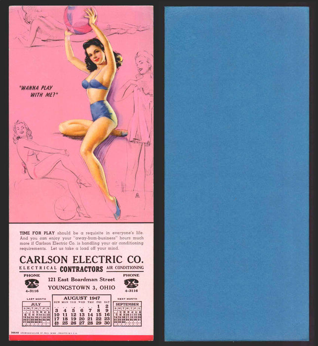 Carlson Electric Co Ohio Pin Up Girl Advertising Calendar August 1947   - TvMovieCards.com