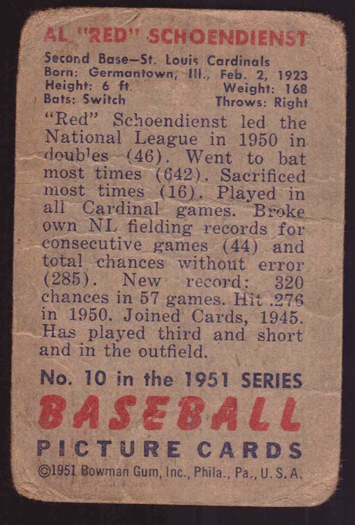 1951 Bowman Baseball Autographed Signed Trading Card #10 Al "Red" Schoendienst   - TvMovieCards.com