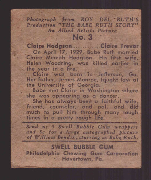 1948 Swell The Babe Ruth Story Trading Card #3 Claire Hodgson Philadelphia Gum   - TvMovieCards.com