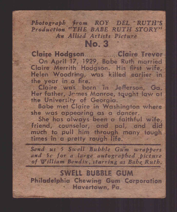 1948 Swell The Babe Ruth Story Trading Card #3 Claire Hodgson Philadelphia Gum   - TvMovieCards.com