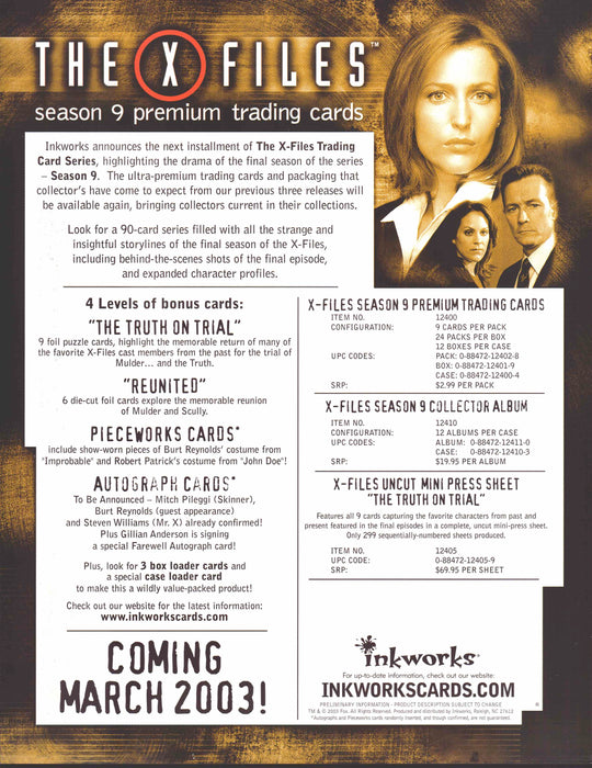 X-Files Season 9 Trading Card Dealer Sell Sheet Promotional Sale 2003   - TvMovieCards.com
