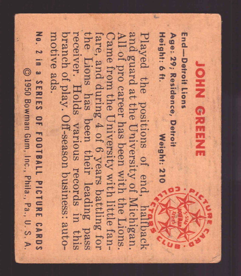1950 Bowman Football Trading Card - John Greene #2 VG   - TvMovieCards.com