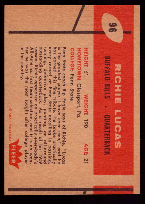 1960 Fleer Football ERROR Back Trading Card #115 Stan Flowers / #96 Richie Lucas   - TvMovieCards.com