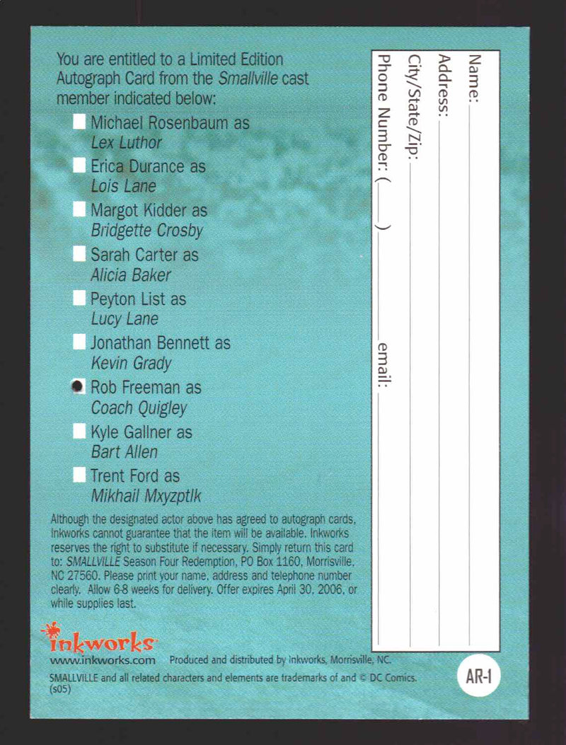 Smallville Season 4 Rob Freeman as Coach Quigley AR-1 Redemption Card   - TvMovieCards.com