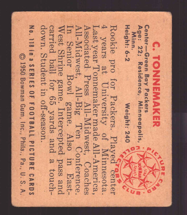 1950 Bowman Football Trading Card - Clayton Tonnemaker #118 VG   - TvMovieCards.com