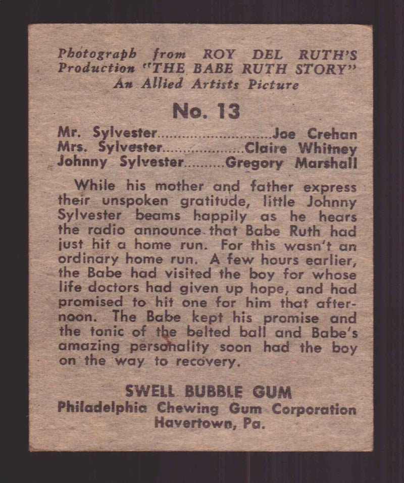 1948 Swell The Babe Ruth Story Trading Card #13 Mr & Mrs Sylvester & Johnny   - TvMovieCards.com