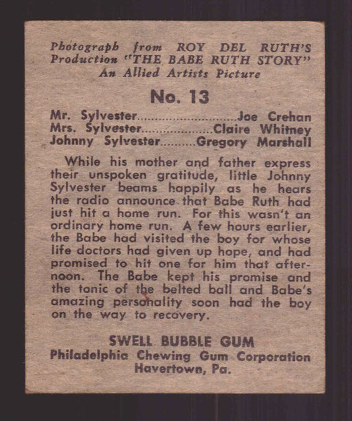 1948 Swell The Babe Ruth Story Trading Card #13 Mr & Mrs Sylvester & Johnny   - TvMovieCards.com