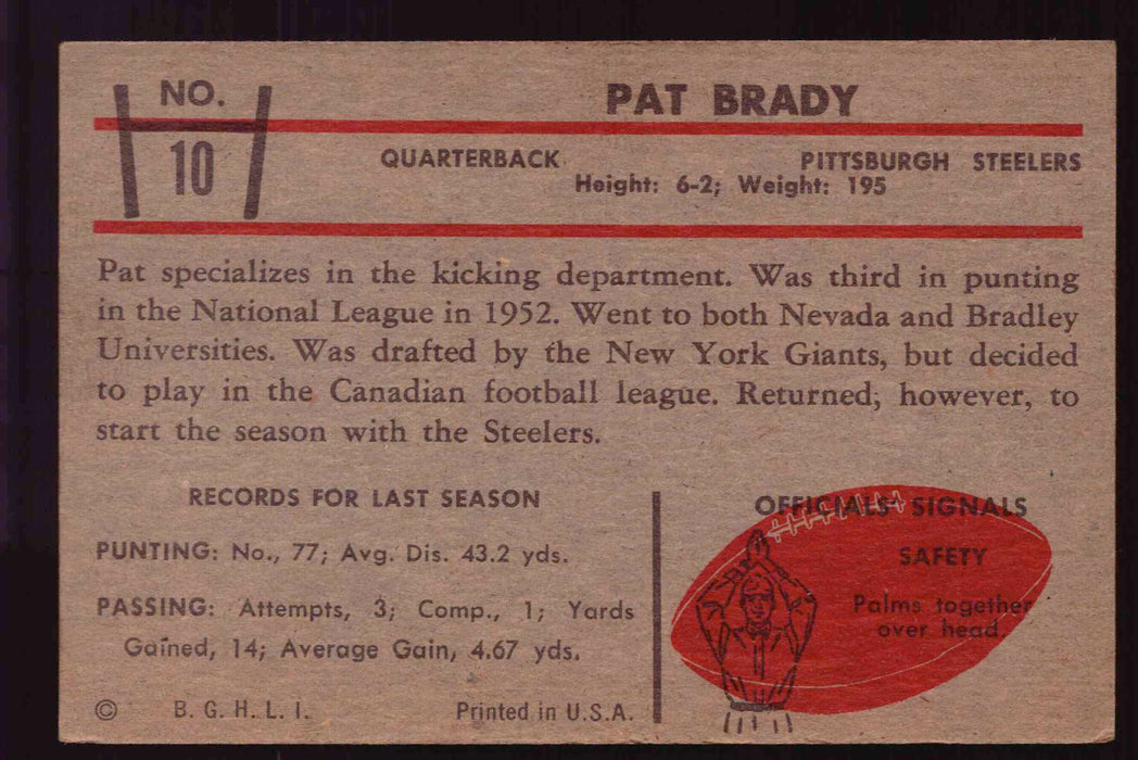 1953 Bowman Football Trading Card - Pat Brady #10 VG/EX   - TvMovieCards.com