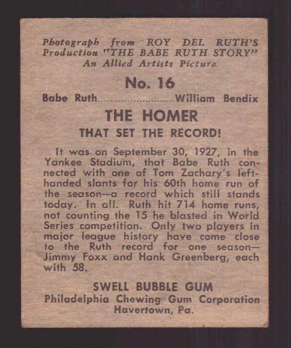 1948 Swell The Babe Ruth Story Trading Card #16 The Homer That Set The Record   - TvMovieCards.com
