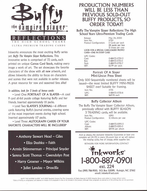Buffy the Vampire Slayer Reflections Trading Card Dealer Sell Sheet Promo Sale   - TvMovieCards.com