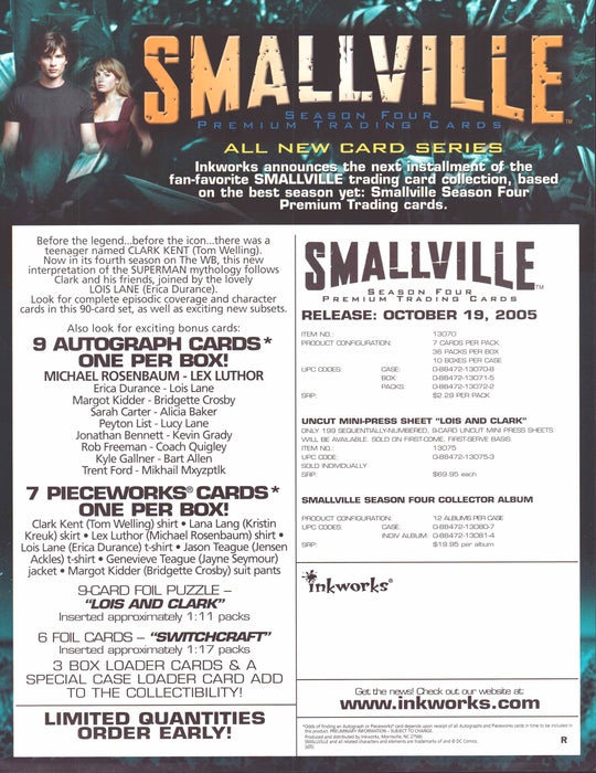 Smallville Season 4 Four Trading Card Dealer Sell Sheet Promotional Sale 2004   - TvMovieCards.com