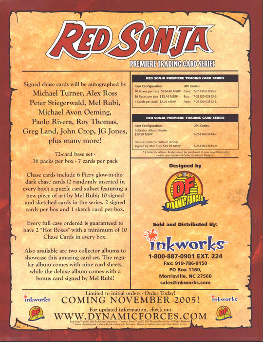 Red Sonja Trading Card Dealer Sell Sheet Sale Ad Dynamic Forces / Inkworks 2005   - TvMovieCards.com