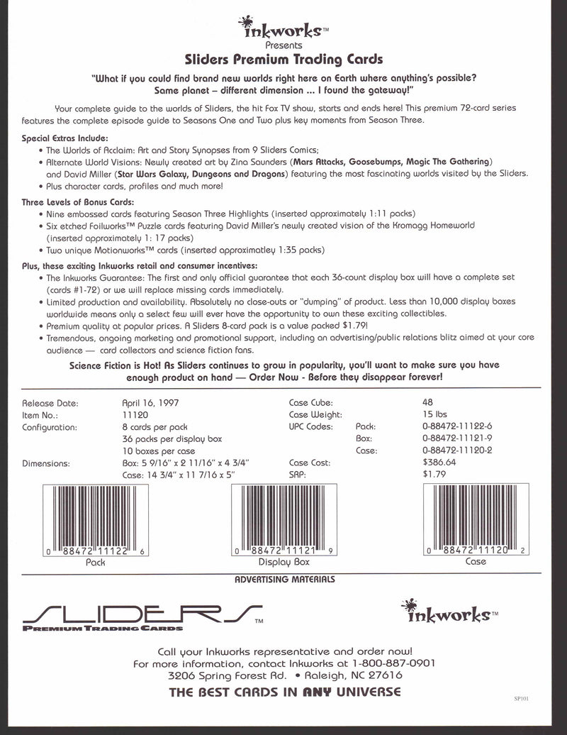 Sliders Trading Card Dealer Sell Sheet Sale Ad Inkworks 1997   - TvMovieCards.com