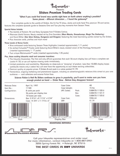 Sliders Trading Card Dealer Sell Sheet Sale Ad Inkworks 1997   - TvMovieCards.com