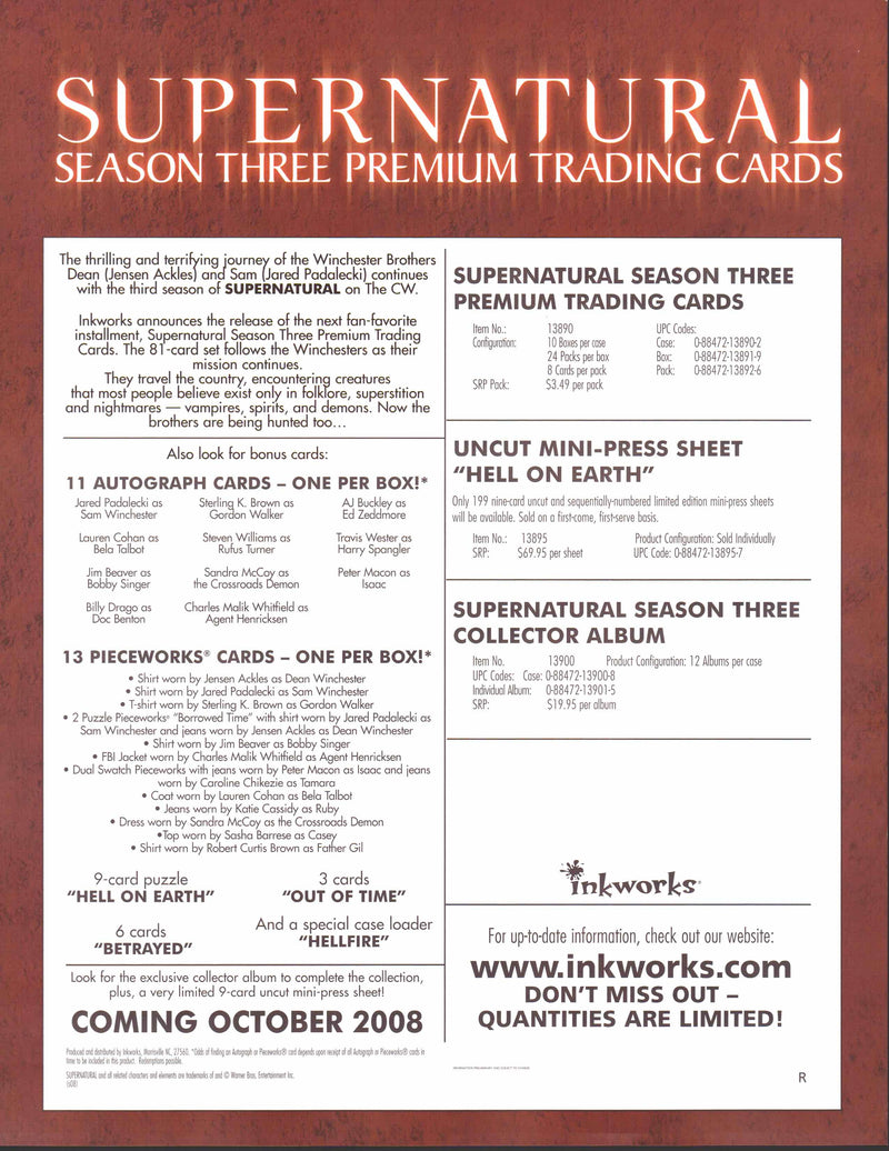 Supernatural Season Three 3 Trading Card Dealer Sell Sheet Promotional Sale 2008   - TvMovieCards.com