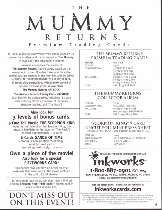 The Mummy Returns Trading Card Dealer Sell Sheet Sale Ad Inkworks 200   - TvMovieCards.com
