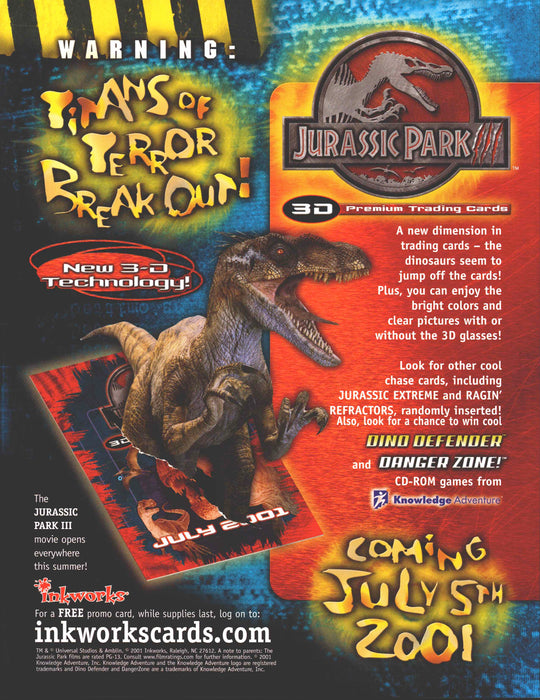 Jurassic Park III Trading Card Dealer Sell Sheet Sale Ad Inkworks 2001   - TvMovieCards.com