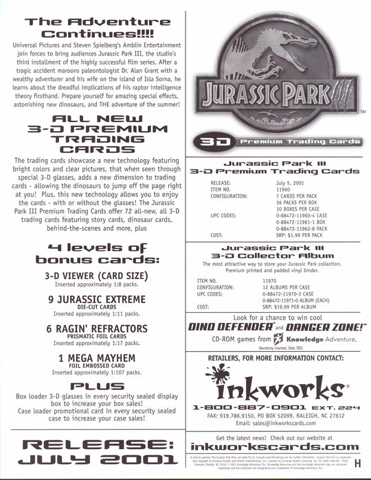 Jurassic Park III Trading Card Dealer Sell Sheet Sale Ad Inkworks 2001   - TvMovieCards.com
