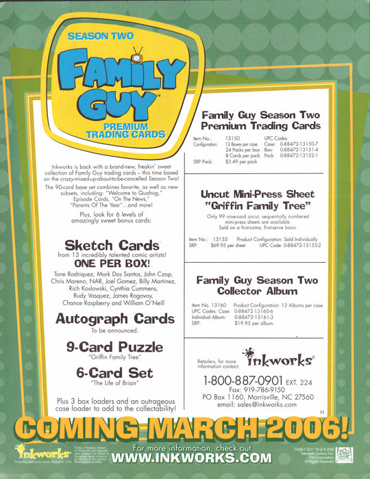 Family Guy Season 2 Trading Card Dealer Sell Sheet Promo Sale 2006   - TvMovieCards.com