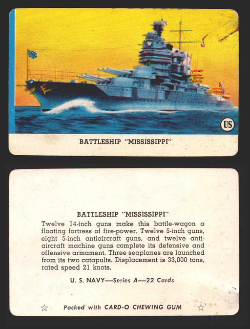 1944 U.S. Navy Series A You Pick Single Trading Cards #1-22 Leaf / Card-O Battleship "Mississippi"  - TvMovieCards.com