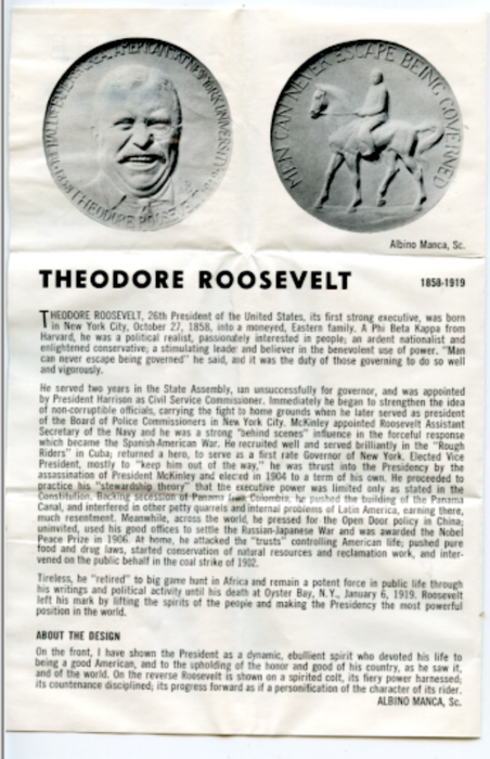 President THeodore Roosevelt Bronze Medal by Medallic Arts 1968  The Hall of Fam   - TvMovieCards.com
