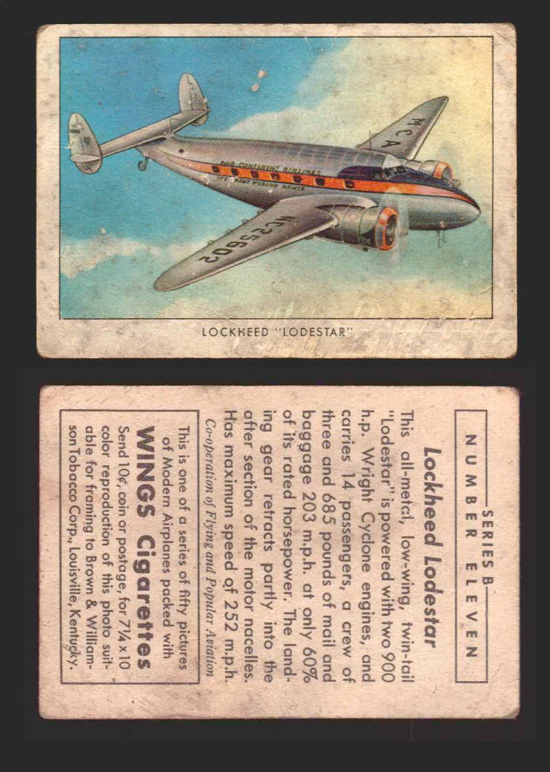1940 Wings Cigarettes Modern Airplanes Series A B C You Pick Single Trading Card B #11 Lockheed "Lodestar" - TvMovieCards.com