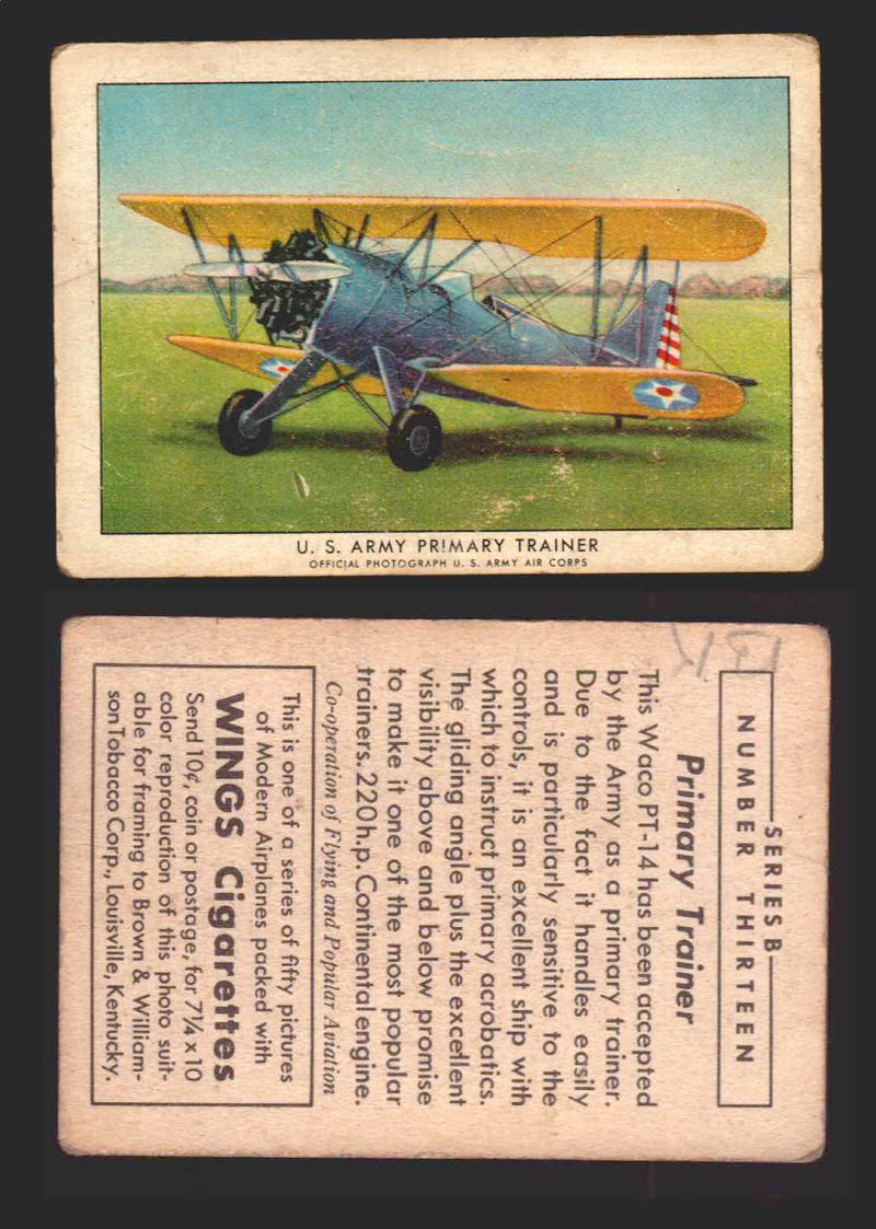 1940 Wings Cigarettes Modern Airplanes Series A B C You Pick Single Trading Card B #13 US Army Primary Trainer - TvMovieCards.com