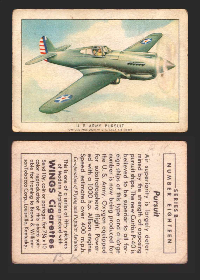 1940 Wings Cigarettes Modern Airplanes Series A B C You Pick Single Trading Card B #18 US Army Pursuit - TvMovieCards.com
