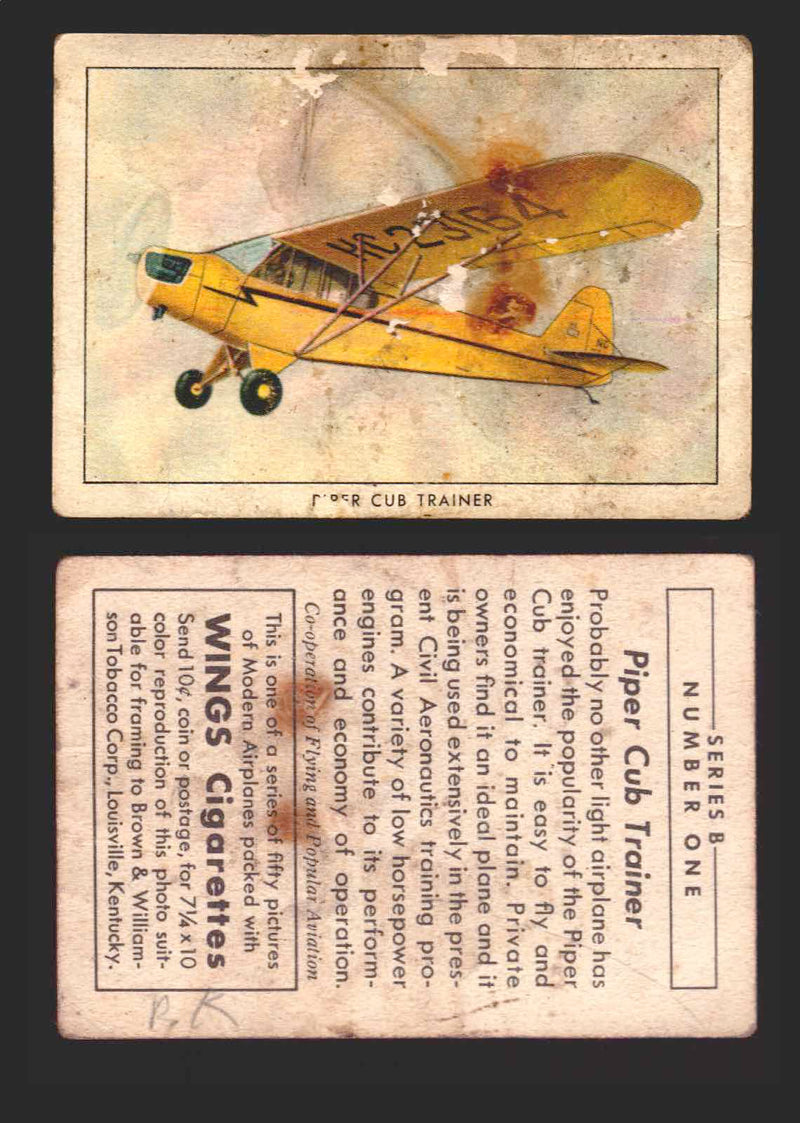 1940 Wings Cigarettes Modern Airplanes Series A B C You Pick Single Trading Card B #1 Piper Club Trainer - TvMovieCards.com