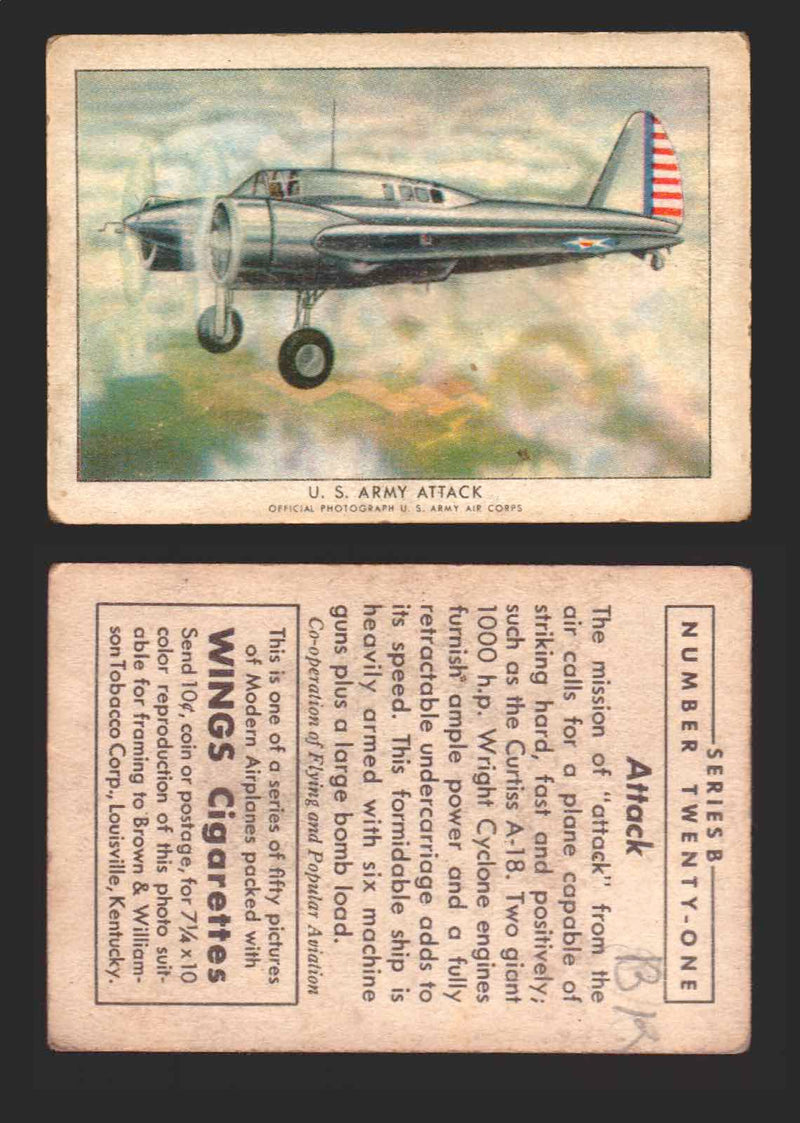 1940 Wings Cigarettes Modern Airplanes Series A B C You Pick Single Trading Card B #21 US Army Attack - TvMovieCards.com