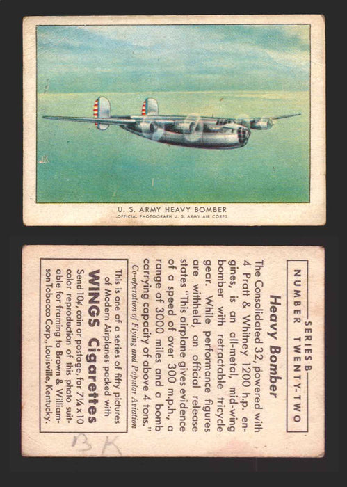 1940 Wings Cigarettes Modern Airplanes Series A B C You Pick Single Trading Cards B #22 US Army Heavy Bomber  - TvMovieCards.com