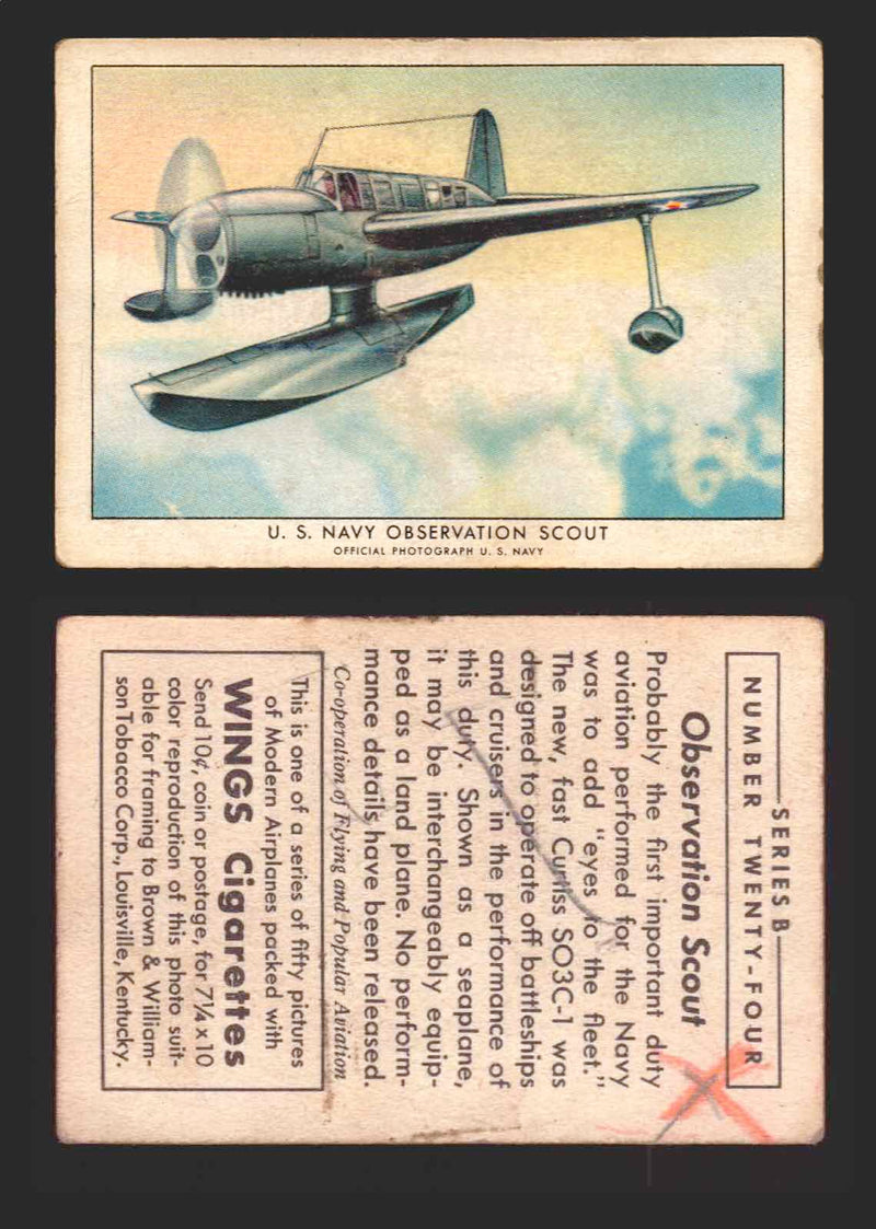 1940 Wings Cigarettes Modern Airplanes Series A B C You Pick Single Trading Card B #24 US Navy Observation Scout - TvMovieCards.com